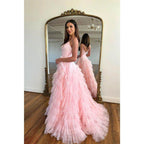 NumberSea - A Line V Neck Tulle Ruffles Pink Homecoming Dress Long Homecoming Court Dress
