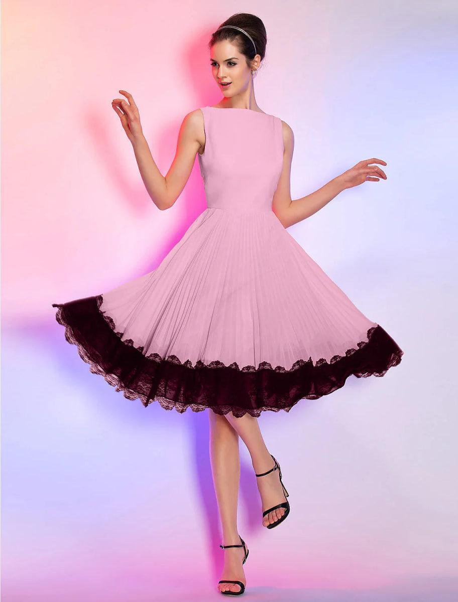 NumberSea - A - Line Vintage Dress Homecoming Graduation Knee Length Sleeveless Boat Neck Pink Dress Chiffon with Lace Insert