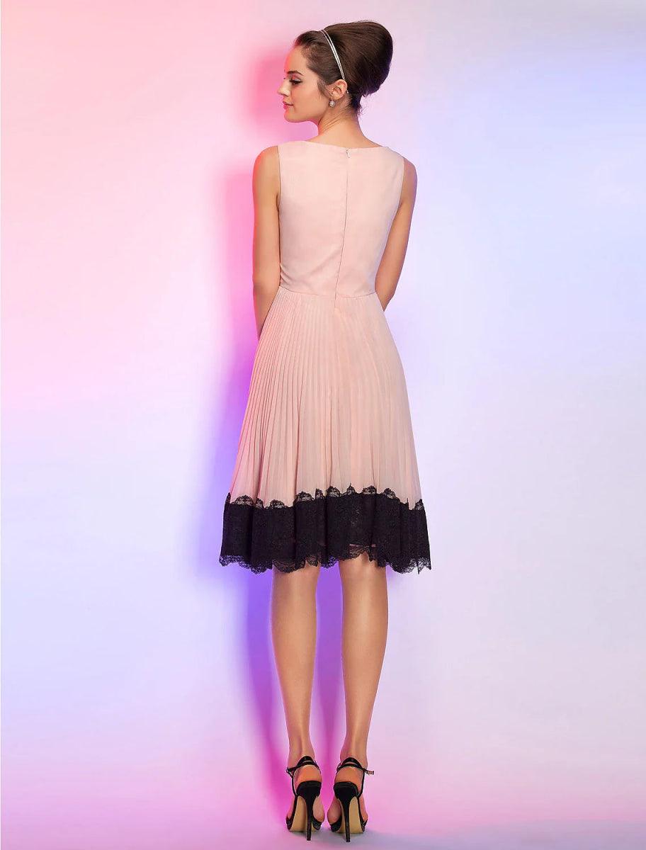 NumberSea - A - Line Vintage Dress Homecoming Graduation Knee Length Sleeveless Boat Neck Pink Dress Chiffon with Lace Insert