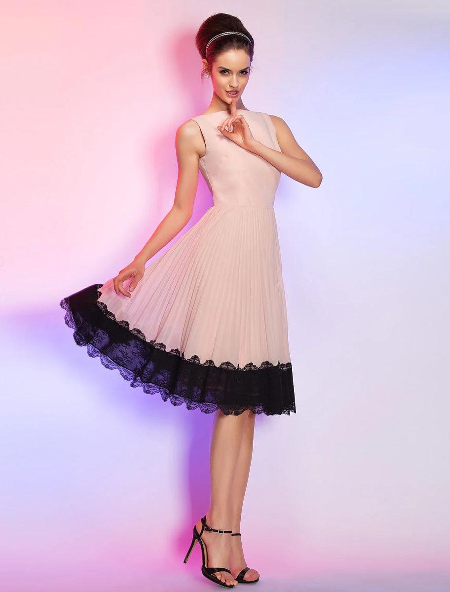 NumberSea - A - Line Vintage Dress Homecoming Graduation Knee Length Sleeveless Boat Neck Pink Dress Chiffon with Lace Insert