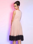 NumberSea - A - Line Vintage Dress Homecoming Graduation Knee Length Sleeveless Boat Neck Pink Dress Chiffon with Lace Insert