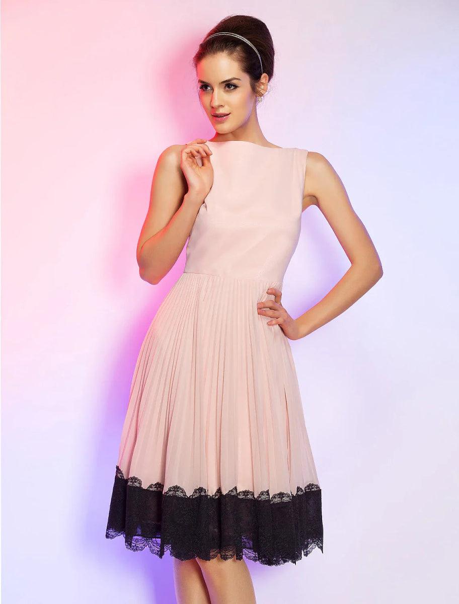 NumberSea - A - Line Vintage Dress Homecoming Graduation Knee Length Sleeveless Boat Neck Pink Dress Chiffon with Lace Insert