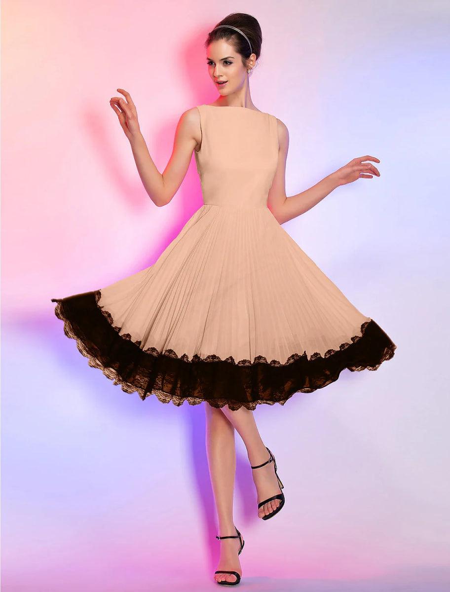NumberSea - A - Line Vintage Dress Homecoming Graduation Knee Length Sleeveless Boat Neck Pink Dress Chiffon with Lace Insert