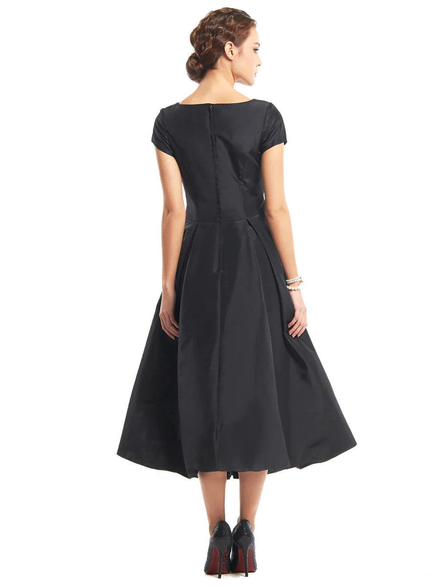 NumberSea - A - Line Vintage Dress Homecoming Tea Length Short Sleeve Boat Neck Taffeta with Buttons