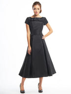NumberSea - A - Line Vintage Dress Homecoming Tea Length Short Sleeve Boat Neck Taffeta with Buttons