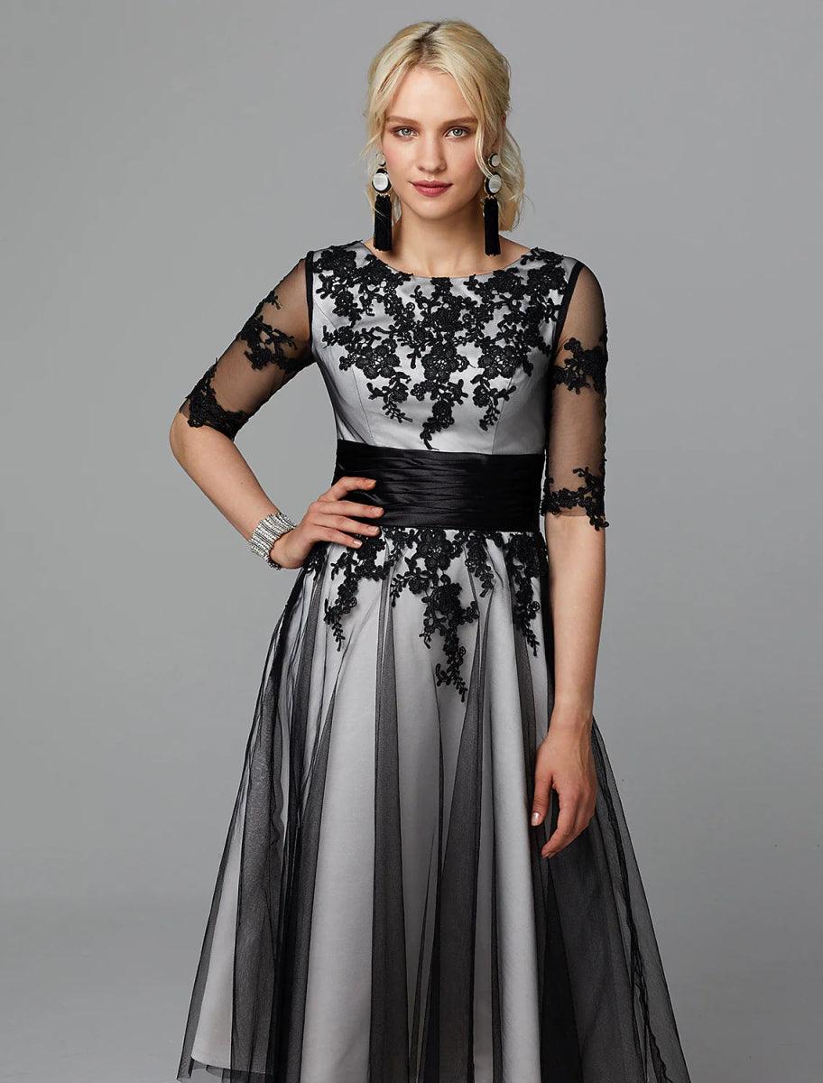 NumberSea - A - Line Vintage Dress Wedding Guest Cocktail Party Tea Length Half Sleeve Jewel Neck Fall Wedding Guest Lace with Sash / Ribbon Appliques