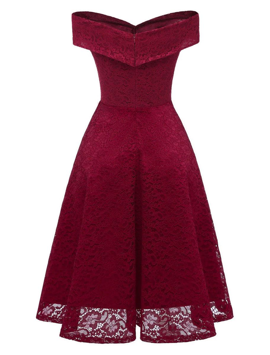 NumberSea - A - Line WE Party Dress Holiday Graduation Knee Length Short Sleeve Off Shoulder Bridesmaid Dress Lace with Pleats Lace Insert