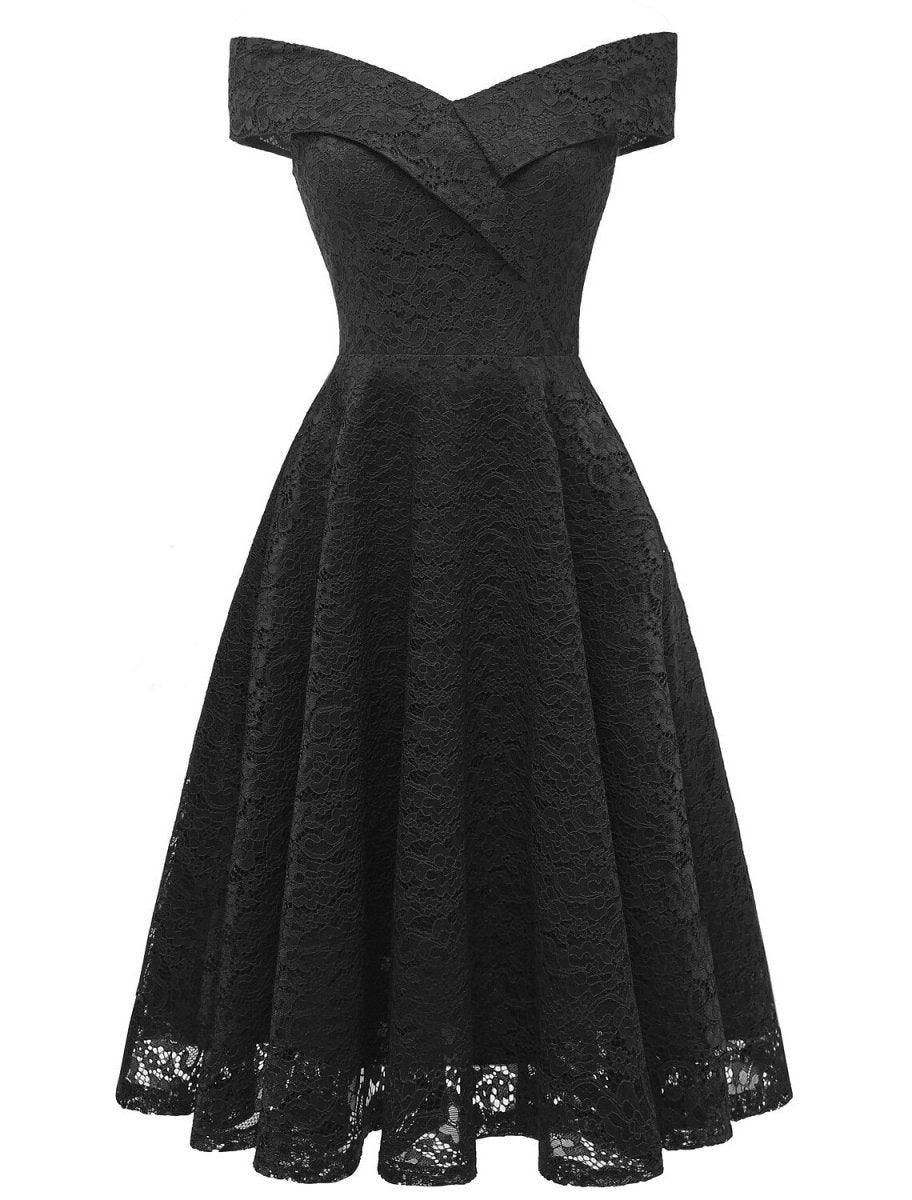 NumberSea - A - Line WE Party Dress Holiday Graduation Knee Length Short Sleeve Off Shoulder Bridesmaid Dress Lace with Pleats Lace Insert