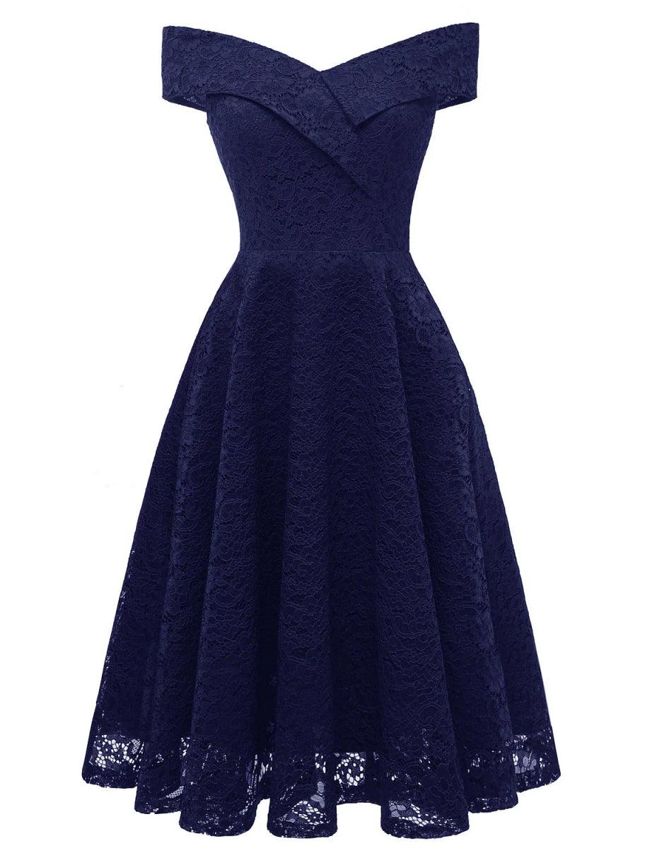 NumberSea - A - Line WE Party Dress Holiday Graduation Knee Length Short Sleeve Off Shoulder Bridesmaid Dress Lace with Pleats Lace Insert