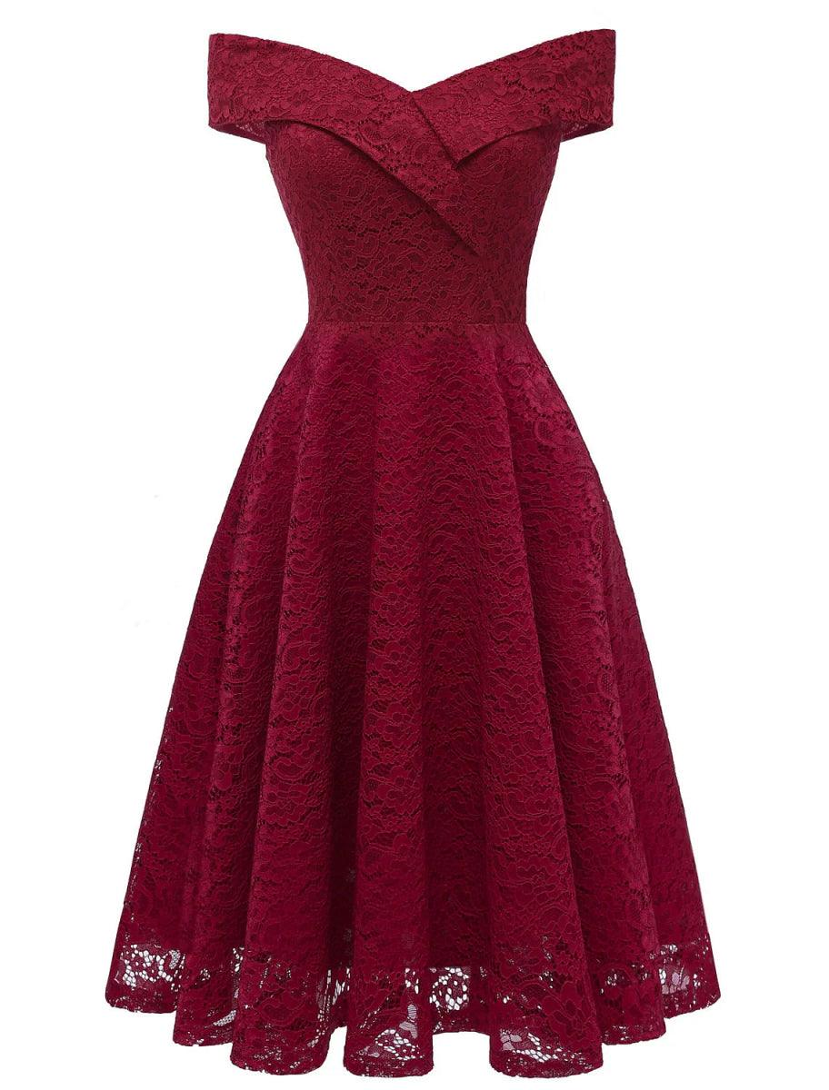 NumberSea - A - Line WE Party Dress Holiday Graduation Knee Length Short Sleeve Off Shoulder Bridesmaid Dress Lace with Pleats Lace Insert