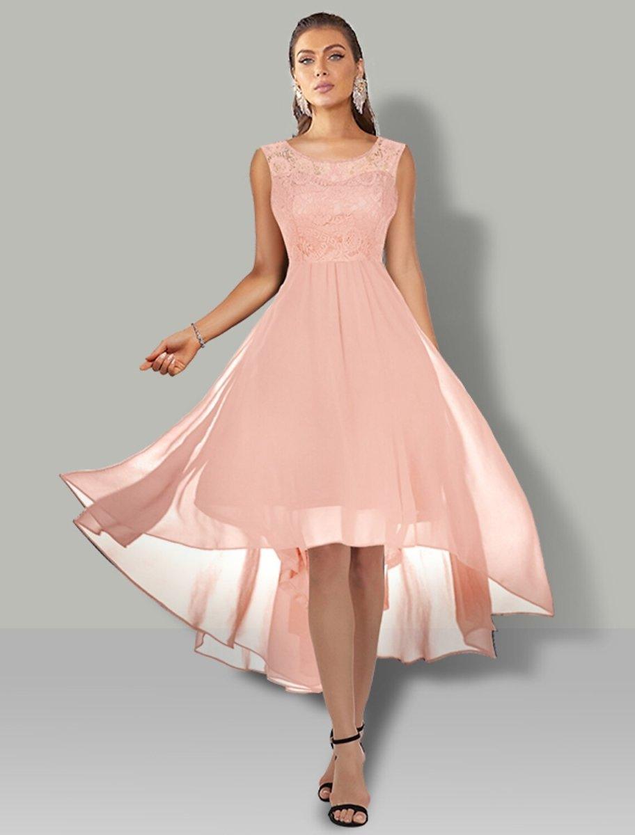 NumberSea - A - Line WE Party Dress Wedding Guest Cocktail Party Asymmetrical Sleeveless Jewel Neck Chiffon with Pleats Lace Insert