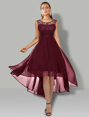 NumberSea - A - Line WE Party Dress Wedding Guest Cocktail Party Asymmetrical Sleeveless Jewel Neck Chiffon with Pleats Lace Insert