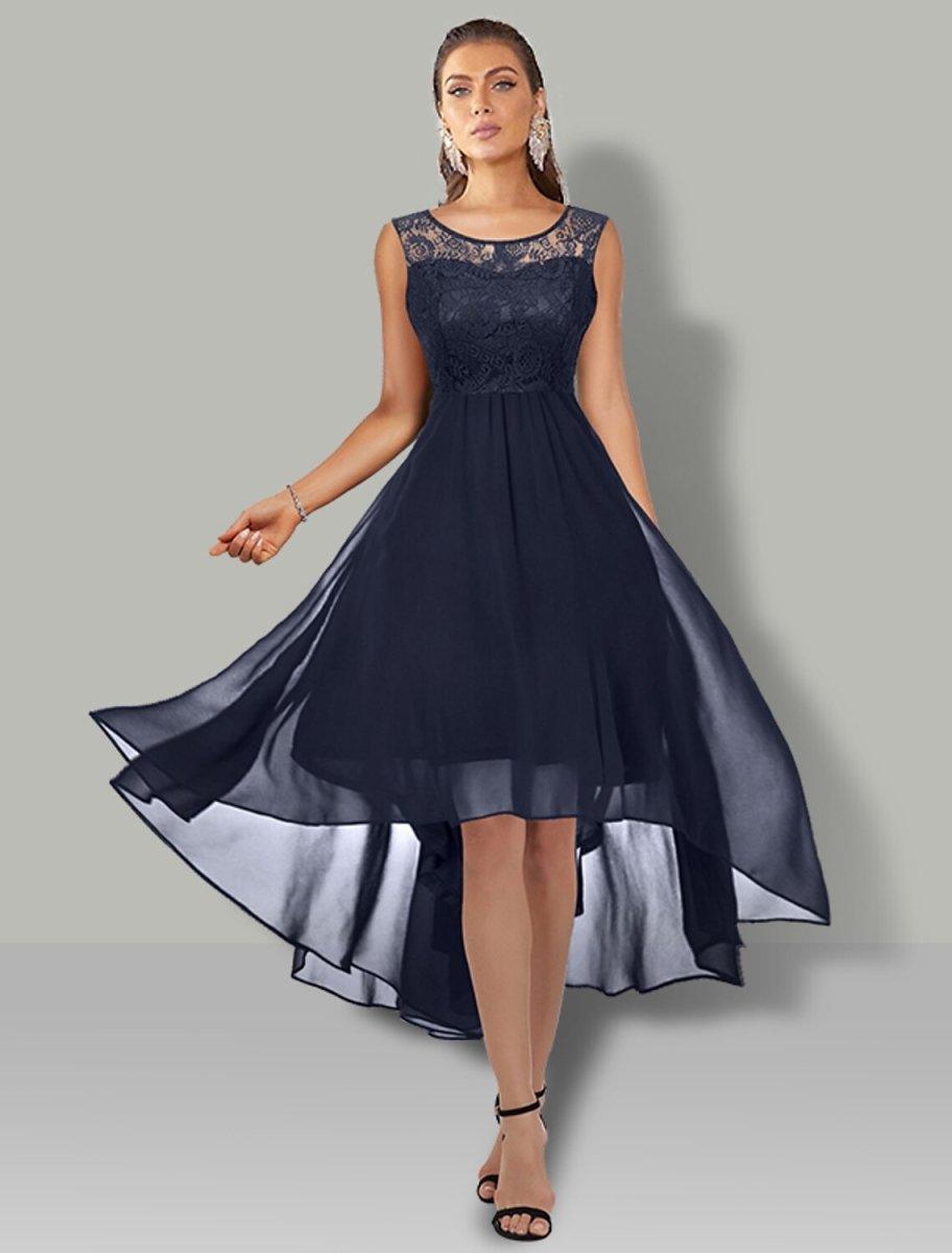 NumberSea - A - Line WE Party Dress Wedding Guest Cocktail Party Asymmetrical Sleeveless Jewel Neck Chiffon with Pleats Lace Insert