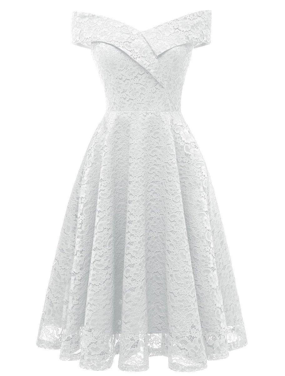 NumberSea - A - Line WE Party Dress Wedding Guest Holiday Knee Length Short Sleeve Off Shoulder Bridesmaid Dress Lace with Pleats Lace Insert