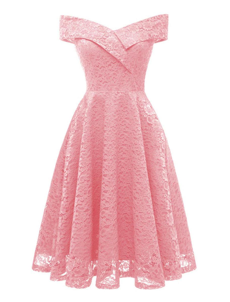 NumberSea - A - Line WE Party Dress Wedding Guest Holiday Knee Length Short Sleeve Off Shoulder Bridesmaid Dress Lace with Pleats Lace Insert