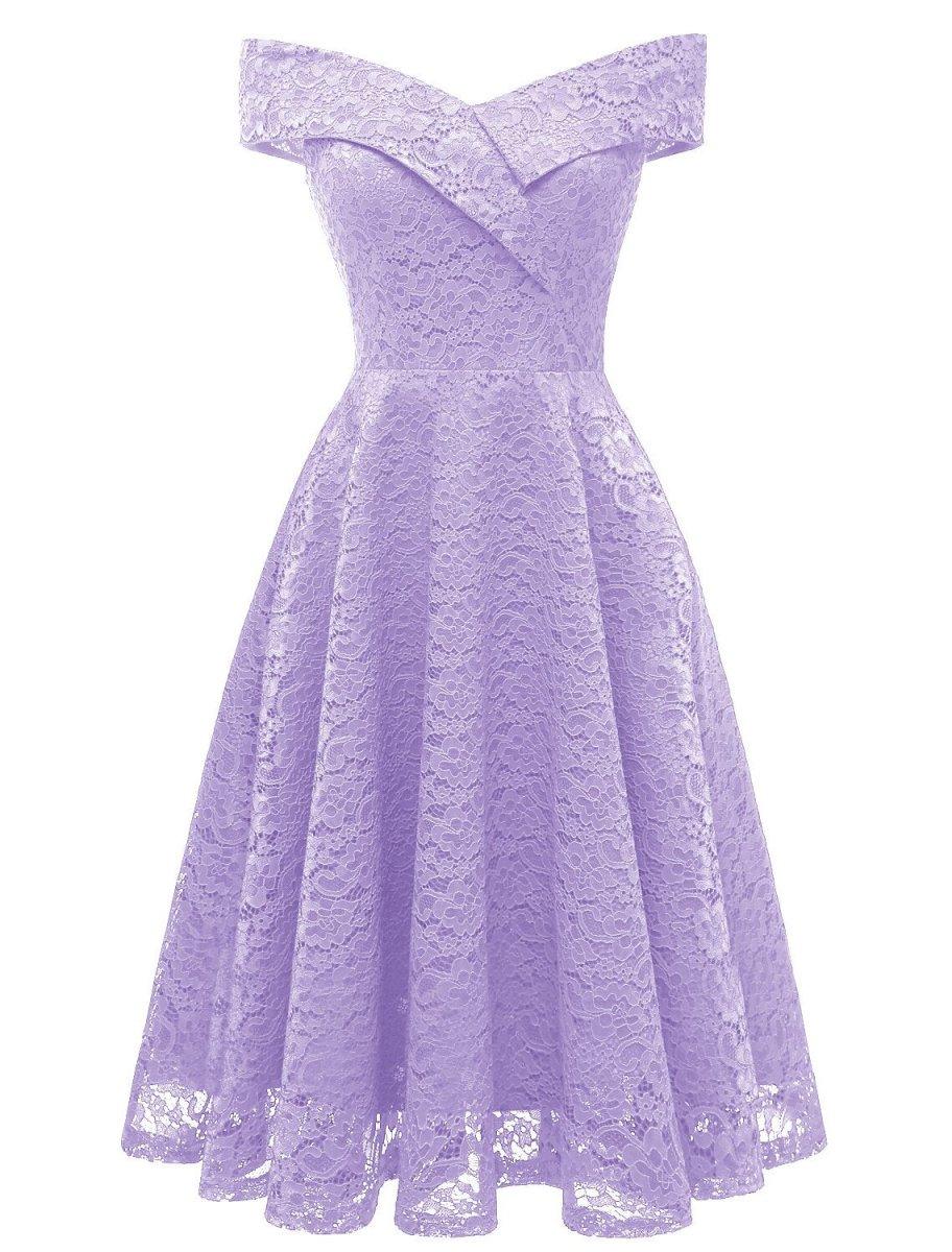 NumberSea - A - Line WE Party Dress Wedding Guest Holiday Knee Length Short Sleeve Off Shoulder Bridesmaid Dress Lace with Pleats Lace Insert