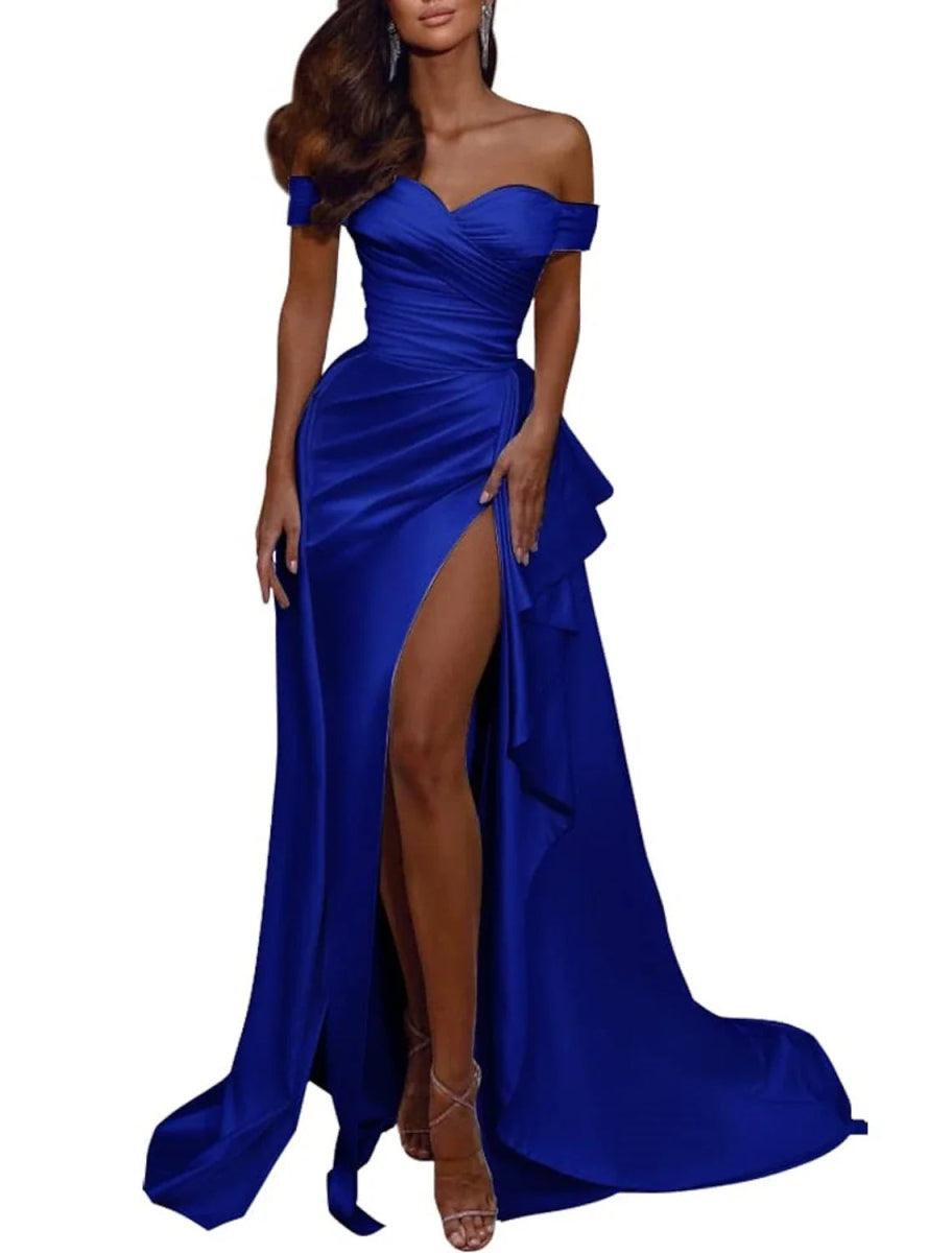 NumberSea-A-Line Wedding Dress Celebrity Style Sexy Formal Evening Dress  Off Shoulder Short Sleeve Sweep / Brush Train Italy Satin with Pleats Slit