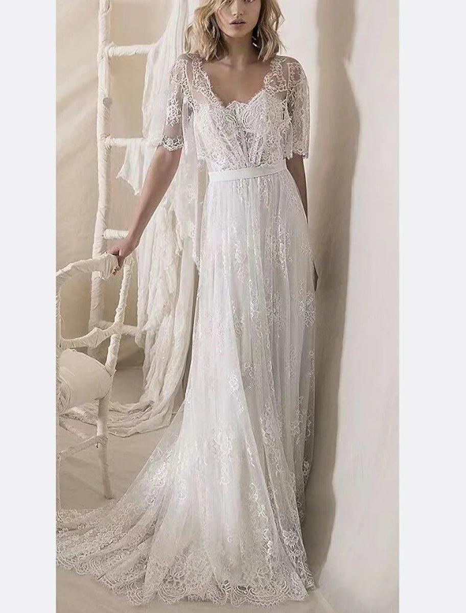 NumberSea-A-Line Wedding Dresses Ankle Length Vintage Little White Dresses Long Sleeve V Neck Chiffon With Solid Color Bridal Gowns Ivory / US 2 / UK NumberSea-A-Line Wedding Dresses Ankle Length Vintage Little White Dresses Long Sleeve V Neck Chiffon With Solid Color Bridal Gowns Ivory / US 2 / UK