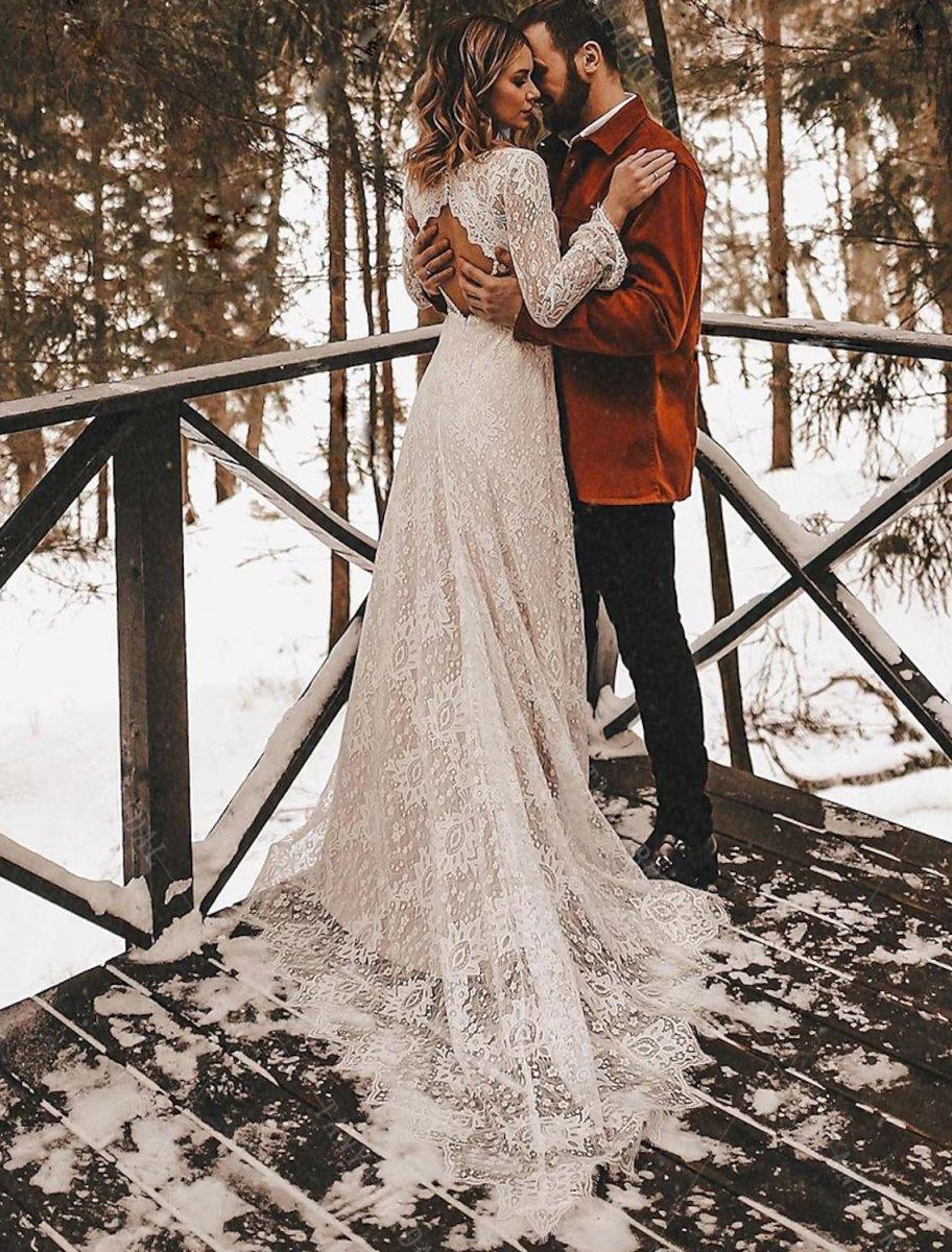NumberSea - A - Line Wedding Dresses Ankle Length Vintage Little White Dresses Long Sleeve V Neck Chiffon With Solid Color Bridal Gowns