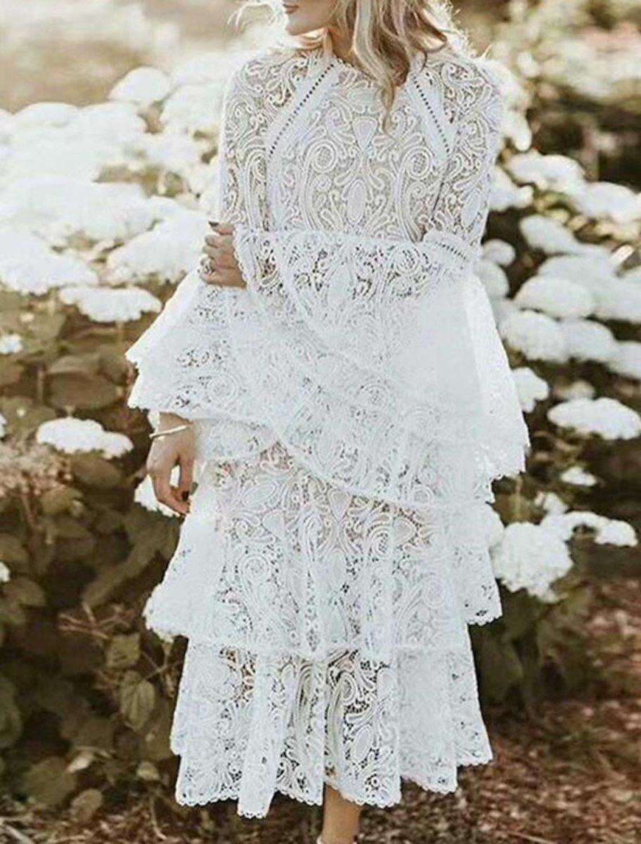 NumberSea - A - Line Wedding Guest Dresses Casual Dress Party Wear Ankle Length Long Sleeve Jewel Neck Lace with Ruffles Appliques