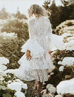 NumberSea - A - Line Wedding Guest Dresses Casual Dress Party Wear Ankle Length Long Sleeve Jewel Neck Lace with Ruffles Appliques