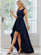 NumberSea - A - Line Wedding Guest Dresses Casual Dress Party Wear Wedding Party Asymmetrical Sleeveless Jewel Neck Satin with Pure Color