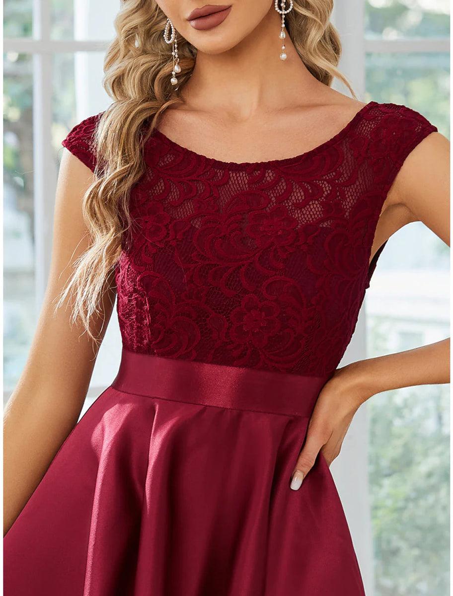 NumberSea - A - Line Wedding Guest Dresses Casual Dress Party Wear Wedding Party Asymmetrical Sleeveless Jewel Neck Satin with Pure Color