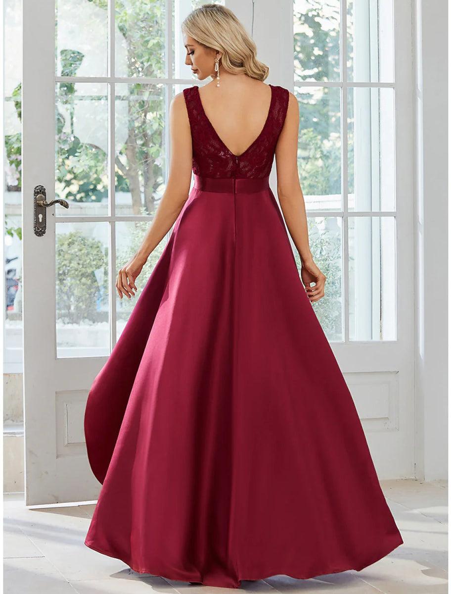NumberSea - A - Line Wedding Guest Dresses Casual Dress Party Wear Wedding Party Asymmetrical Sleeveless Jewel Neck Satin with Pure Color