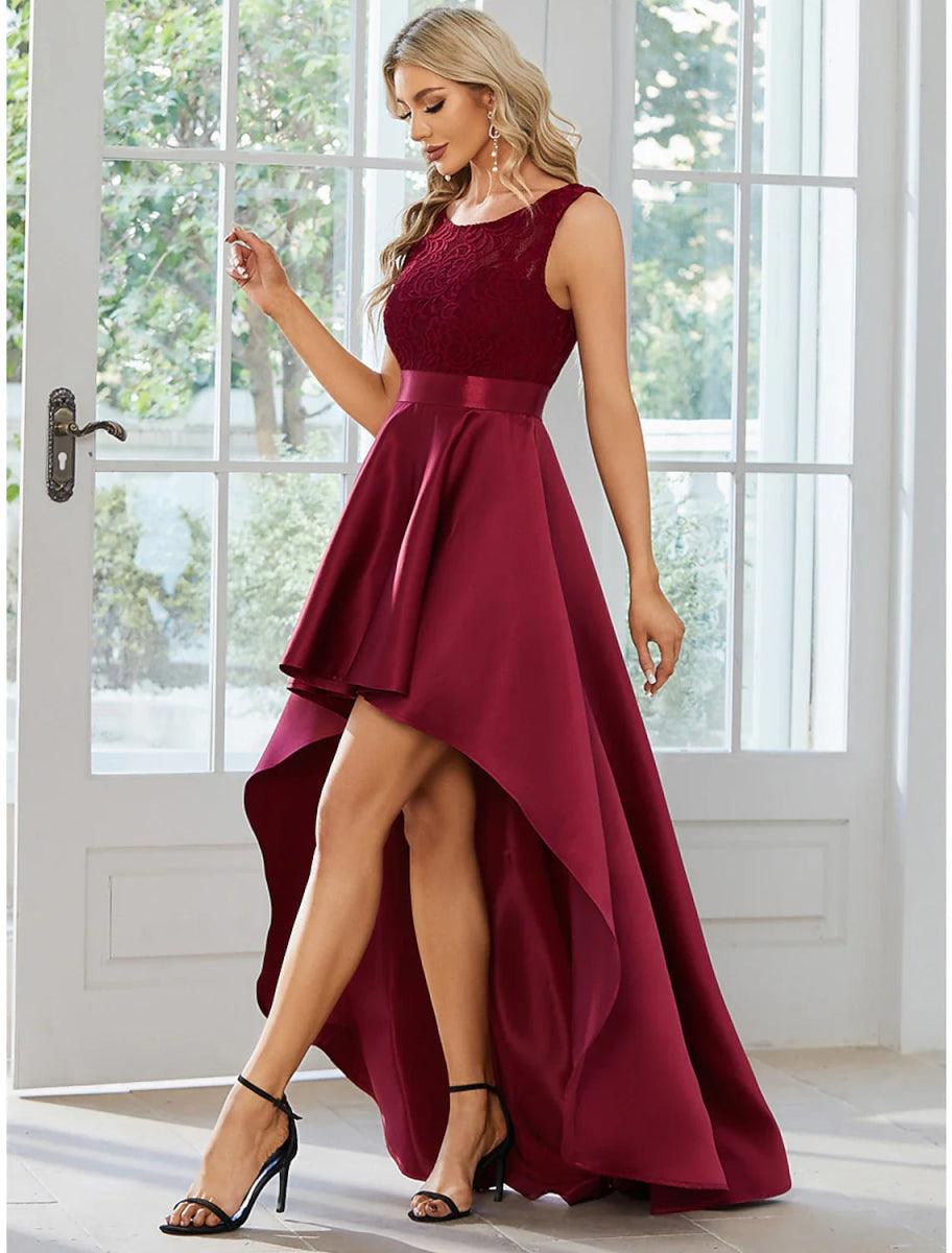 NumberSea - A - Line Wedding Guest Dresses Casual Dress Party Wear Wedding Party Asymmetrical Sleeveless Jewel Neck Satin with Pure Color