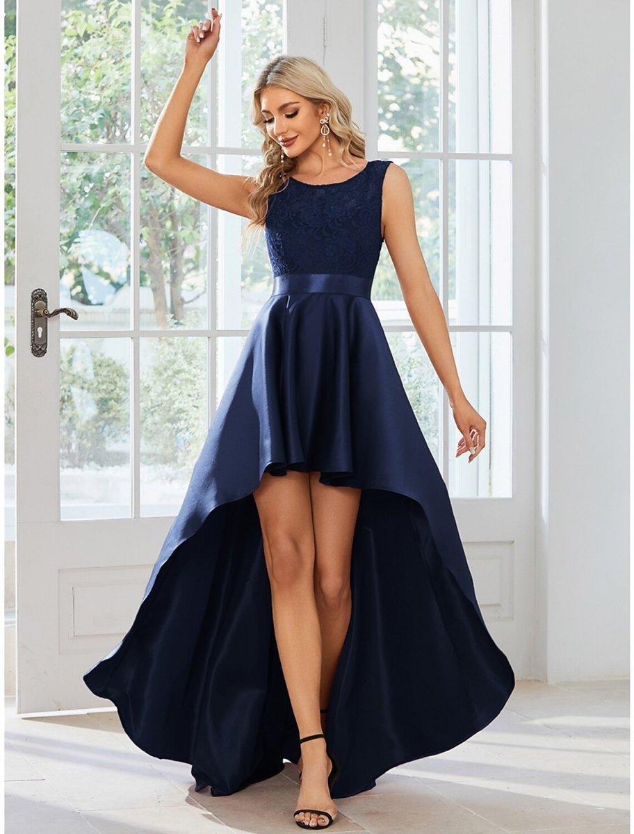 NumberSea - A - Line Wedding Guest Dresses Casual Dress Party Wear Wedding Party Asymmetrical Sleeveless Jewel Neck Satin with Pure Color