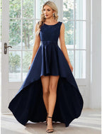 NumberSea - A - Line Wedding Guest Dresses Casual Dress Party Wear Wedding Party Asymmetrical Sleeveless Jewel Neck Satin with Pure Color