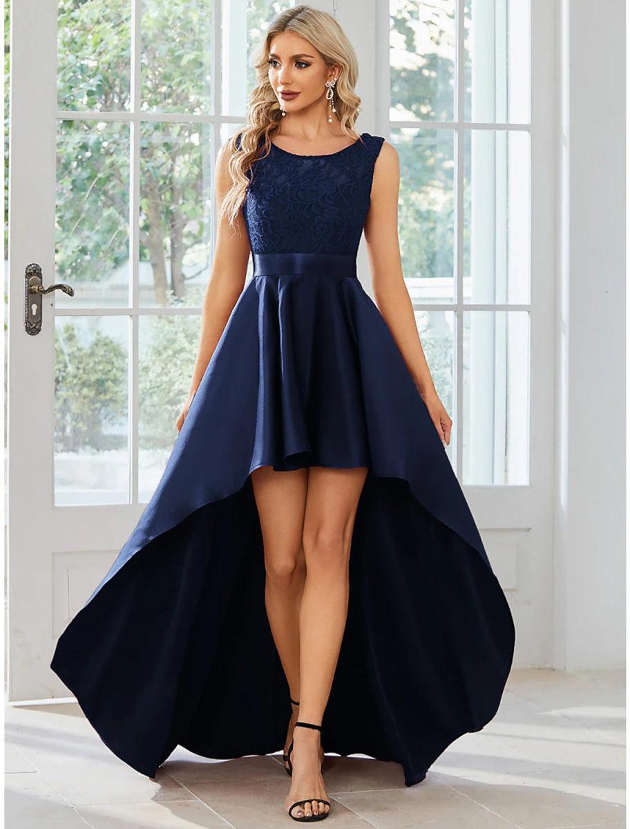 NumberSea - A - Line Wedding Guest Dresses Casual Dress Party Wear Wedding Party Asymmetrical Sleeveless Jewel Neck Satin with Pure Color