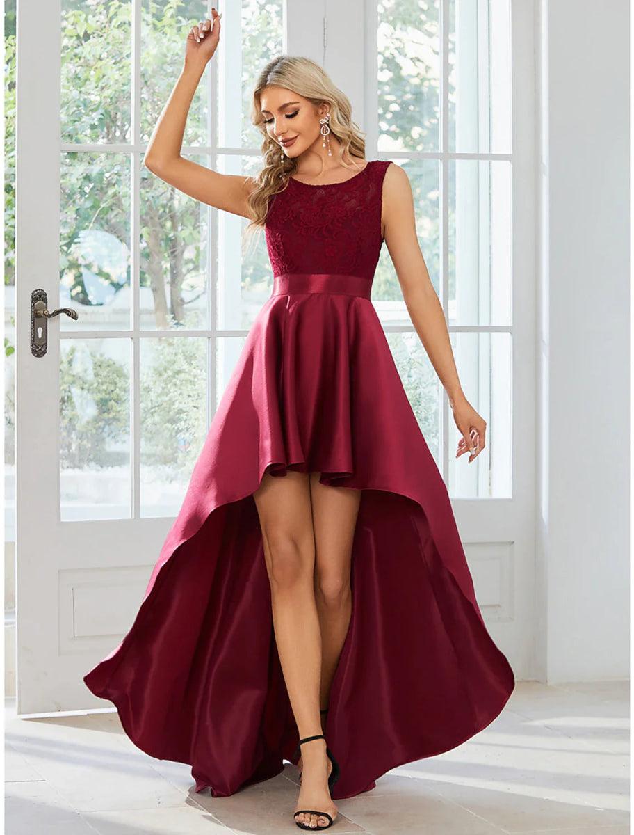 NumberSea - A - Line Wedding Guest Dresses Casual Dress Party Wear Wedding Party Asymmetrical Sleeveless Jewel Neck Satin with Pure Color