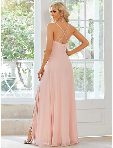 NumberSea - A - Line Wedding Guest Dresses Casual Dress Party Wear Wedding Party Floor Length Sleeveless Spaghetti Strap Chiffon with Ruffles Slit