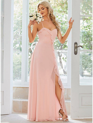 NumberSea - A - Line Wedding Guest Dresses Casual Dress Party Wear Wedding Party Floor Length Sleeveless Spaghetti Strap Chiffon with Ruffles Slit