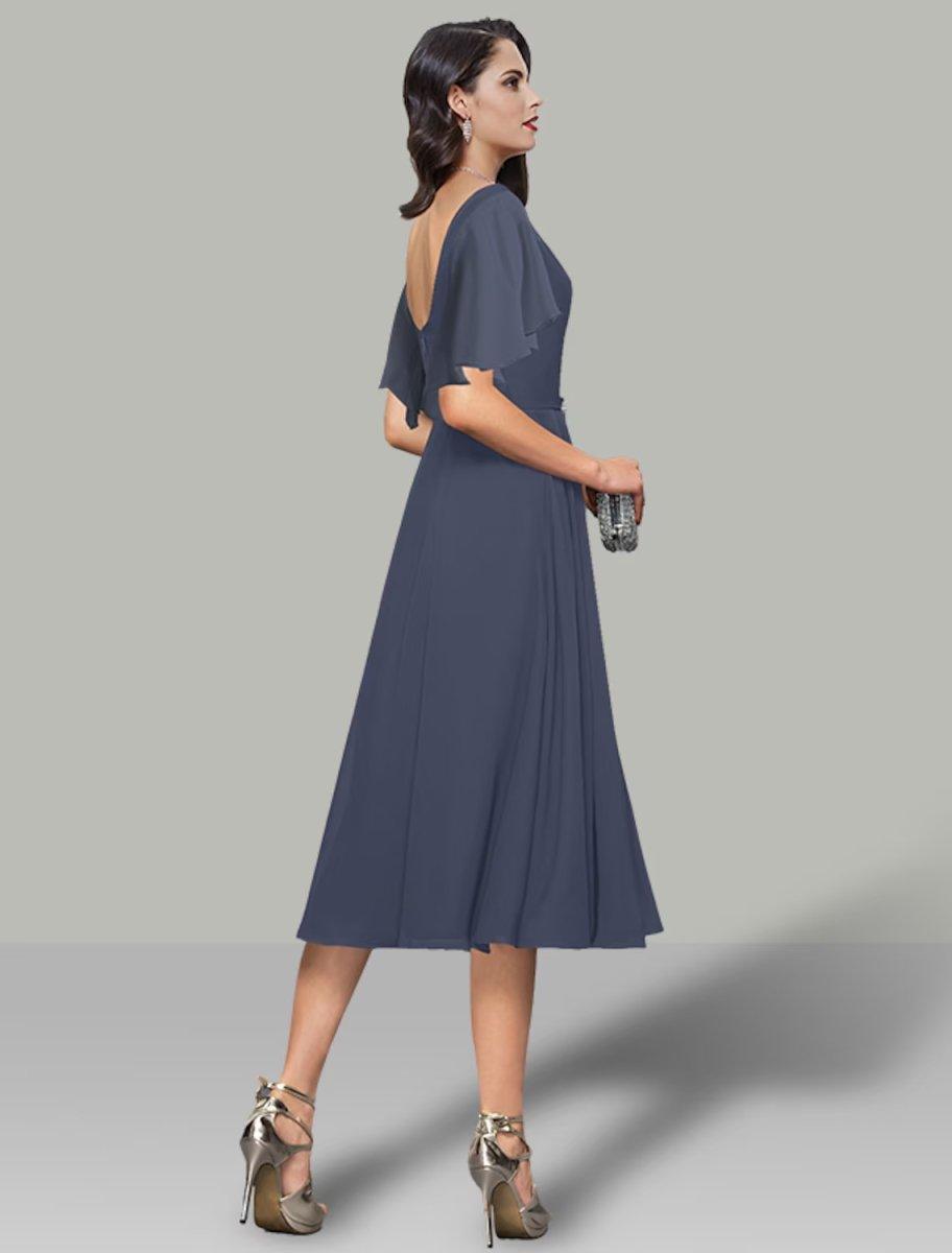 NumberSea - A - Line Wedding Guest Dresses Elegant Dress Cocktail Party Tea Length Short Sleeve Cowl Neck Belt / Sash Chiffon with Rhinestone