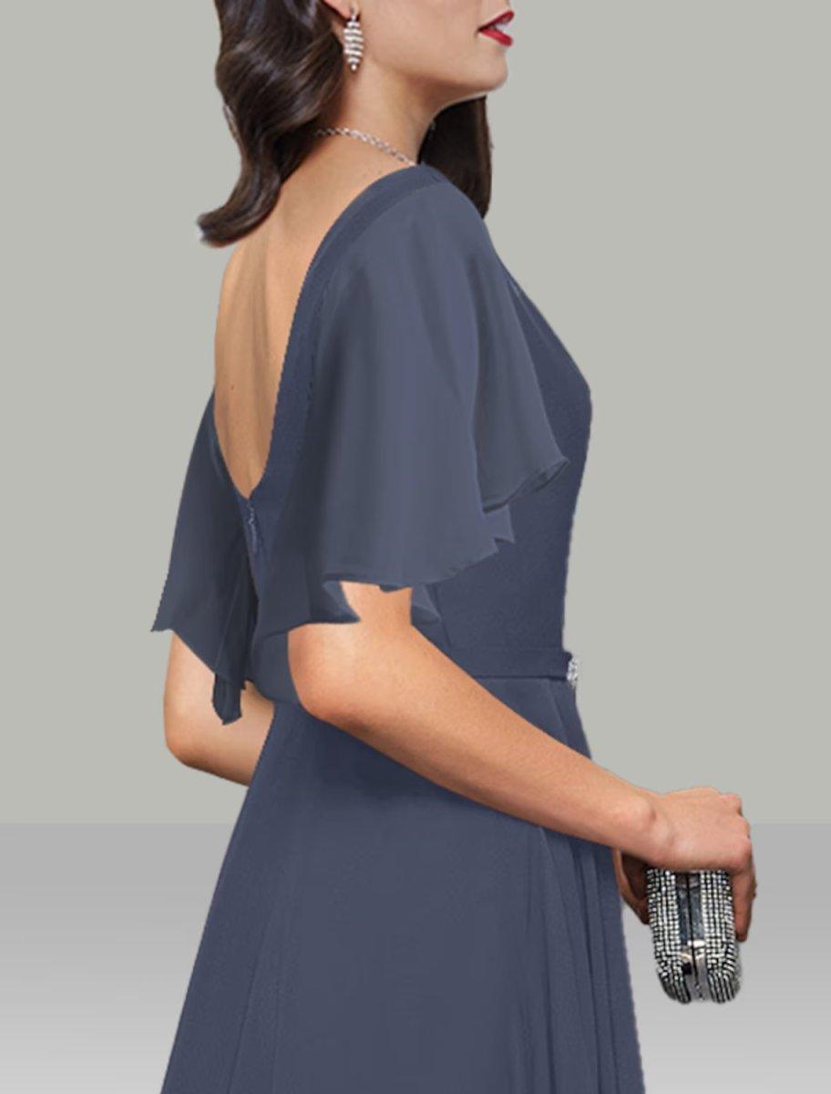 NumberSea - A - Line Wedding Guest Dresses Elegant Dress Cocktail Party Tea Length Short Sleeve Cowl Neck Belt / Sash Chiffon with Rhinestone