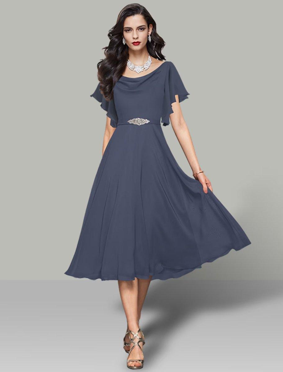 NumberSea - A - Line Wedding Guest Dresses Elegant Dress Cocktail Party Tea Length Short Sleeve Cowl Neck Belt / Sash Chiffon with Rhinestone