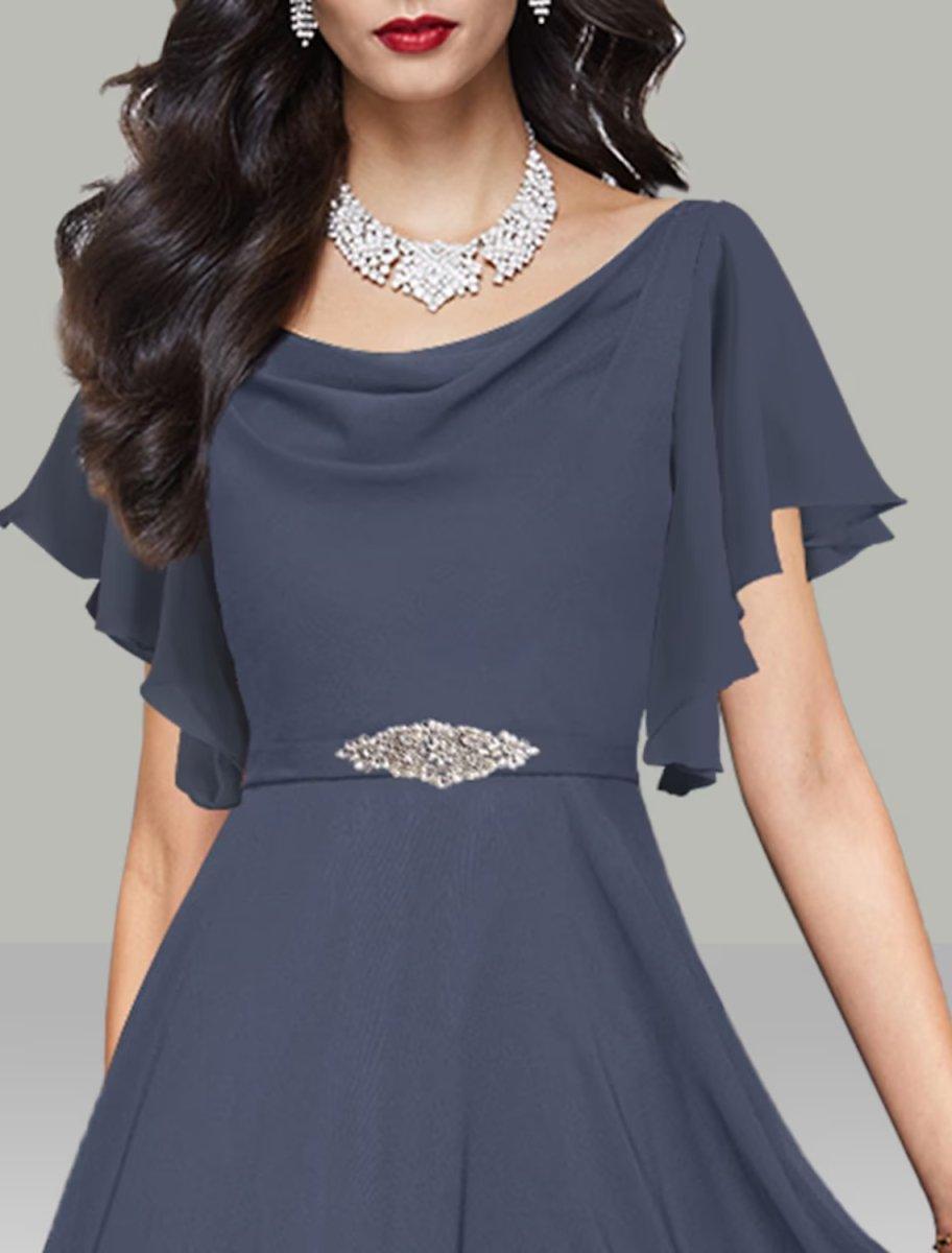 NumberSea - A - Line Wedding Guest Dresses Elegant Dress Cocktail Party Tea Length Short Sleeve Cowl Neck Belt / Sash Chiffon with Rhinestone