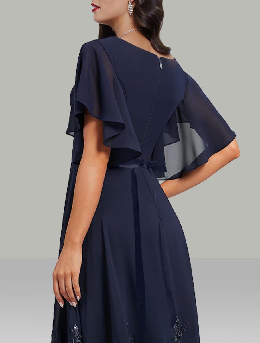 NumberSea - A - Line Wedding Guest Dresses Elegant Dress Cocktail Party Tea Length Short Sleeve V Neck Belt / Sash Chiffon with Rhinestone Glitter Embroidery
