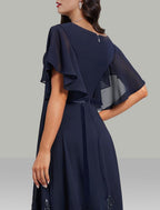 NumberSea - A - Line Wedding Guest Dresses Elegant Dress Cocktail Party Tea Length Short Sleeve V Neck Belt / Sash Chiffon with Rhinestone Glitter Embroidery