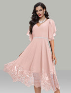 NumberSea - A - Line Wedding Guest Dresses Elegant Dress Cocktail Party Tea Length Short Sleeve V Neck Belt / Sash Chiffon with Rhinestone Glitter Embroidery