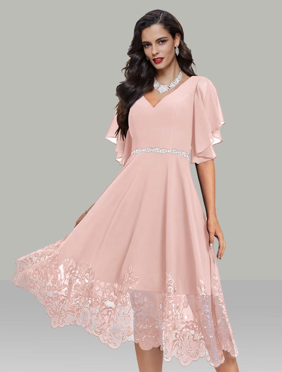 NumberSea - A - Line Wedding Guest Dresses Elegant Dress Cocktail Party Tea Length Short Sleeve V Neck Belt / Sash Chiffon with Rhinestone Glitter Embroidery