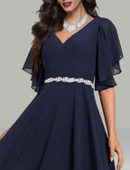 NumberSea - A - Line Wedding Guest Dresses Elegant Dress Cocktail Party Tea Length Short Sleeve V Neck Belt / Sash Chiffon with Rhinestone Glitter Embroidery