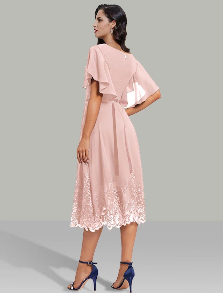 NumberSea - A - Line Wedding Guest Dresses Elegant Dress Cocktail Party Tea Length Short Sleeve V Neck Belt / Sash Chiffon with Rhinestone Glitter Embroidery
