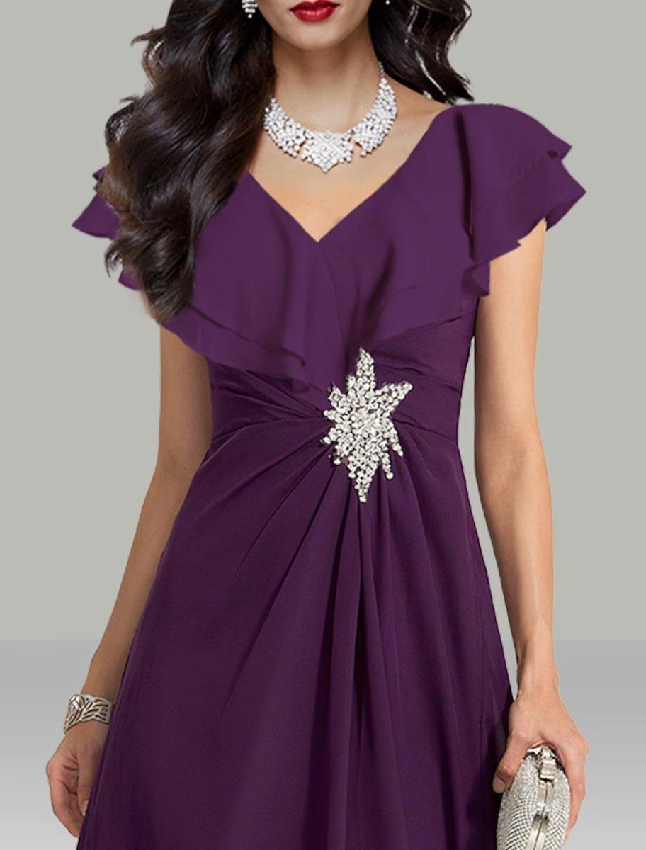 NumberSea - A - Line Wedding Guest Dresses Elegant Dress Cocktail Party Tea Length Short Sleeve V Neck Chiffon with Rhinestone