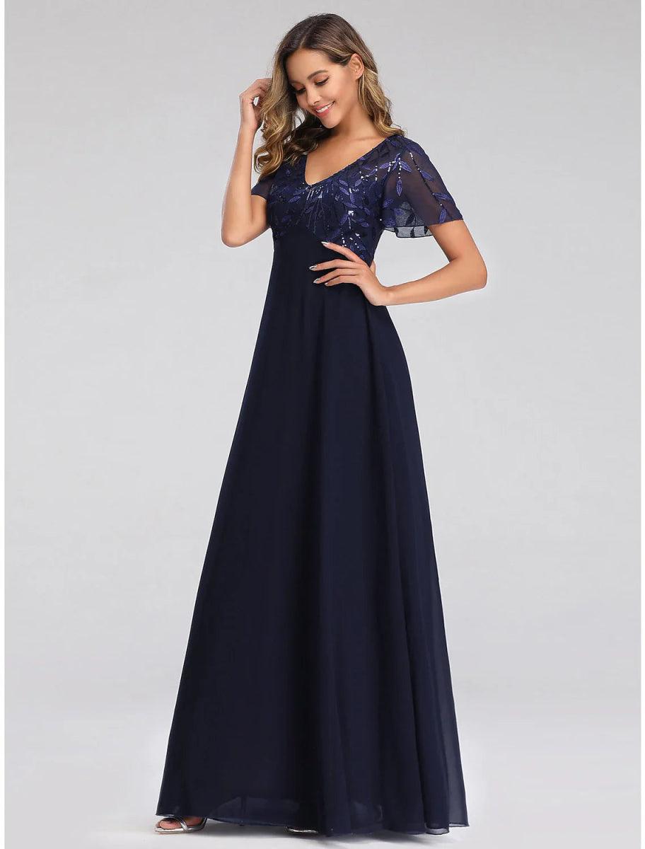 NumberSea - A - Line Wedding Guest Dresses Elegant Dress Fall Floor Length Short Sleeve V Neck Bridesmaid Dress Tulle with Sequin Appliques