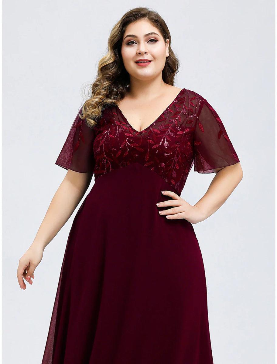 NumberSea - A - Line Wedding Guest Dresses Elegant Dress Fall Floor Length Short Sleeve V Neck Bridesmaid Dress Tulle with Sequin Appliques