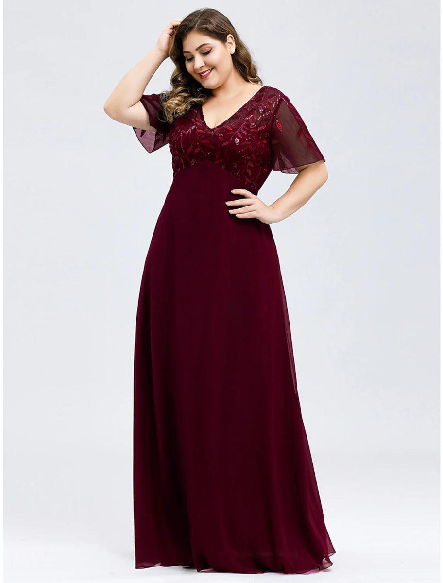 NumberSea - A - Line Wedding Guest Dresses Elegant Dress Fall Floor Length Short Sleeve V Neck Bridesmaid Dress Tulle with Sequin Appliques