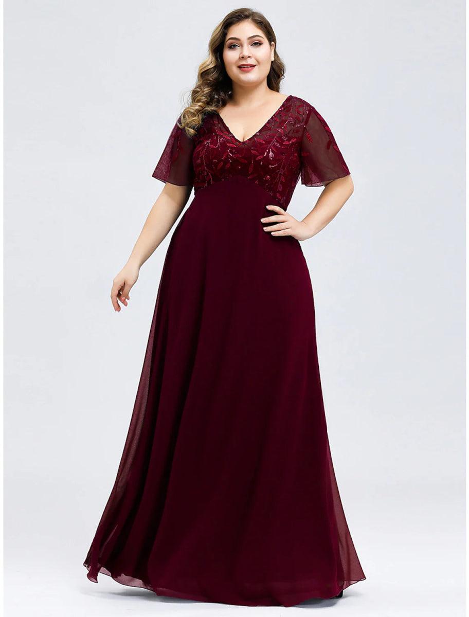 NumberSea - A - Line Wedding Guest Dresses Elegant Dress Fall Floor Length Short Sleeve V Neck Bridesmaid Dress Tulle with Sequin Appliques